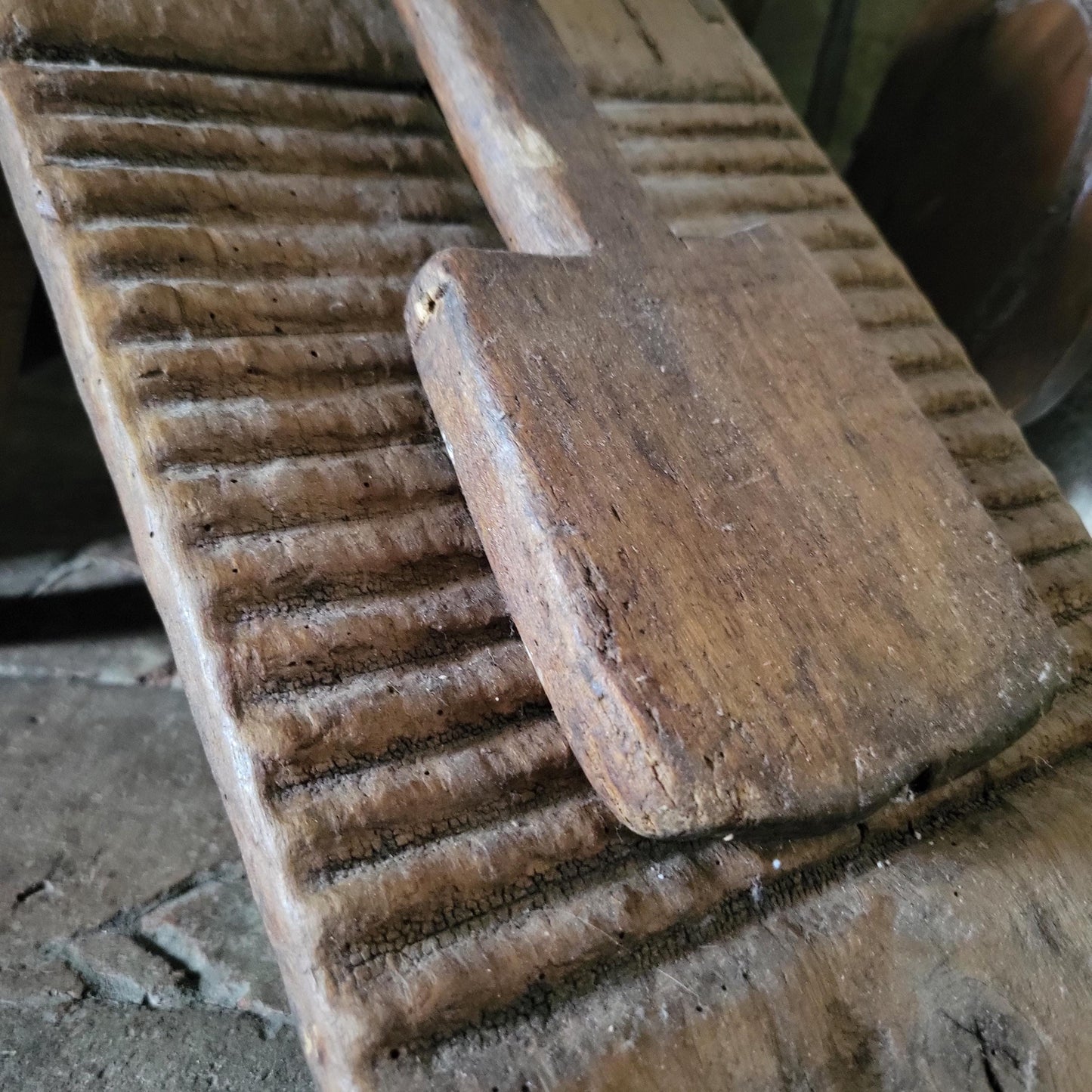 Antique French Oak Washboard with Paddle and Kneeling Stool, c.1920