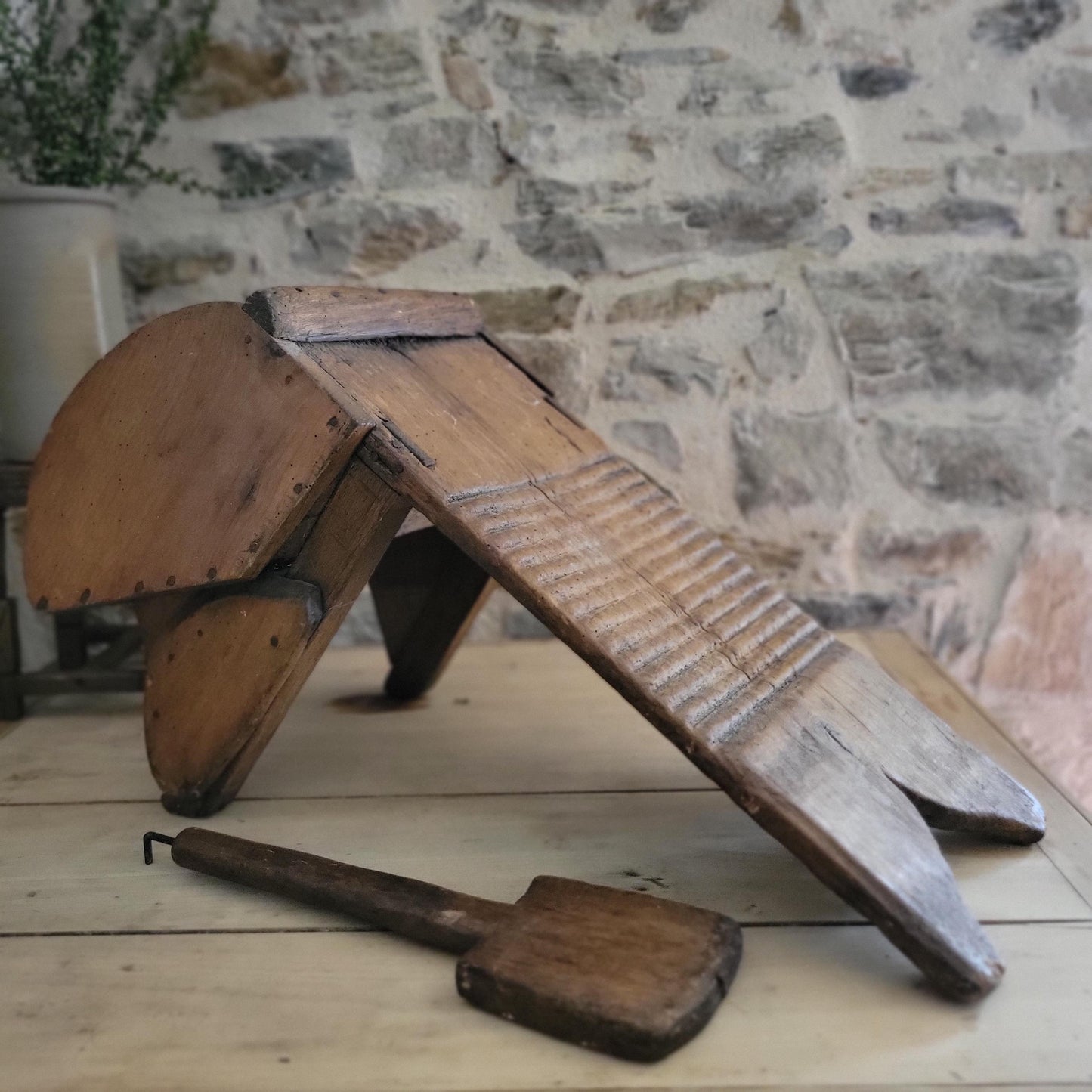 Antique French Oak Washboard with Paddle and Kneeling Stool, c.1920