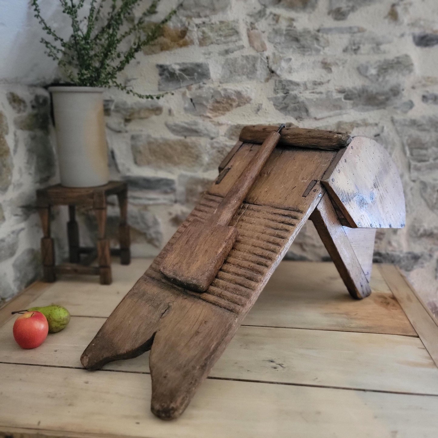 Antique French Oak Washboard with Paddle and Kneeling Stool, c.1920