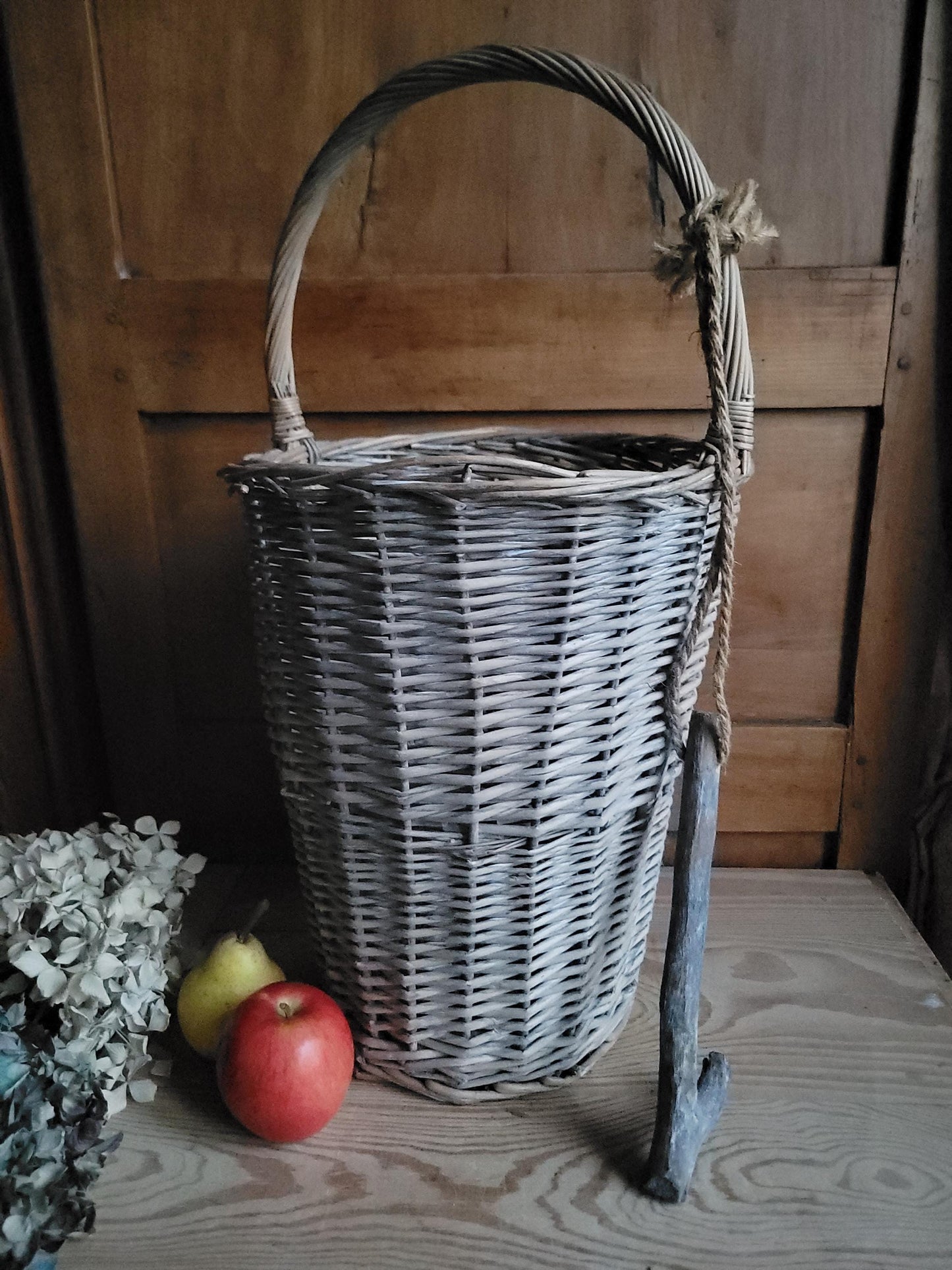 Tall French Fruit Gathering Basket with Hanging Hook Correze region France c.1920