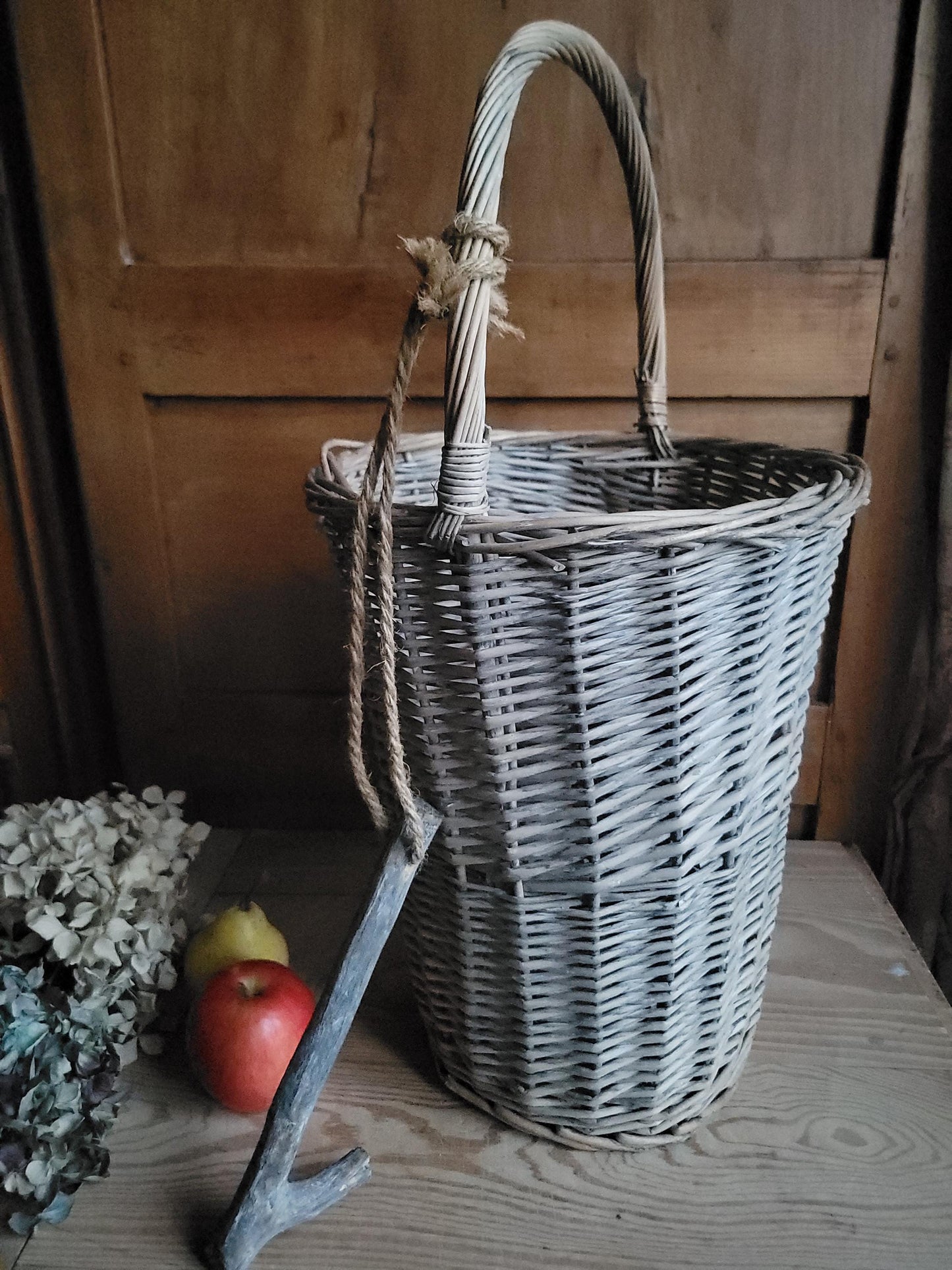 Tall French Fruit Gathering Basket with Hanging Hook Correze region France c.1920