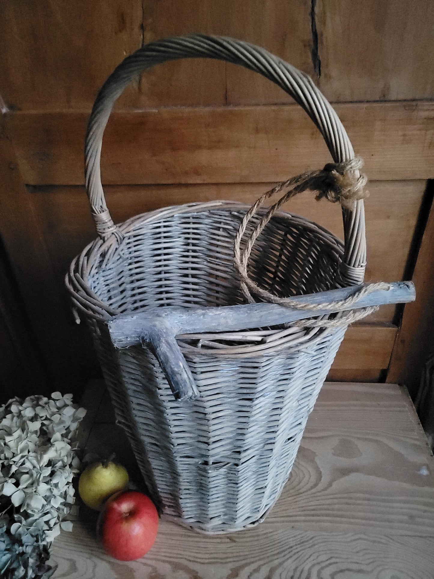 Tall French Fruit Gathering Basket with Hanging Hook Correze region France c.1920