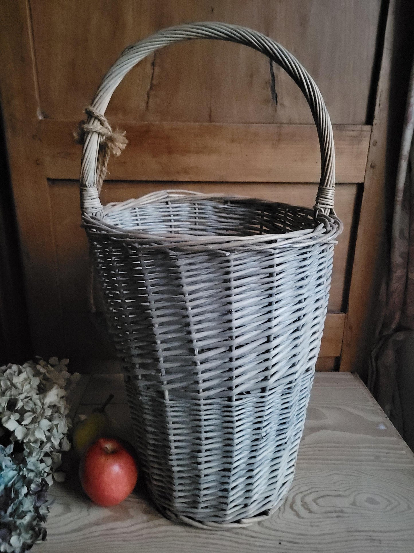 Tall French Fruit Gathering Basket with Hanging Hook Correze region France c.1920