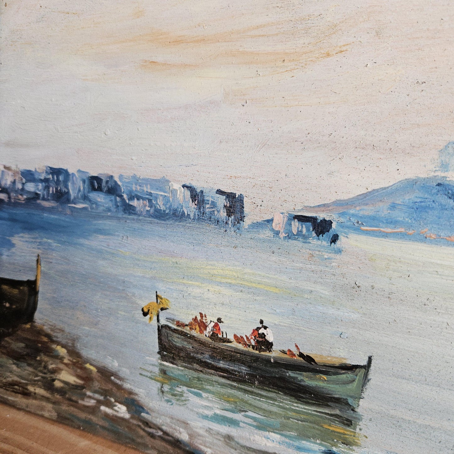 Bay of Naples Oil Painting on Board with Smoking Vesuvius, Italy c.1900