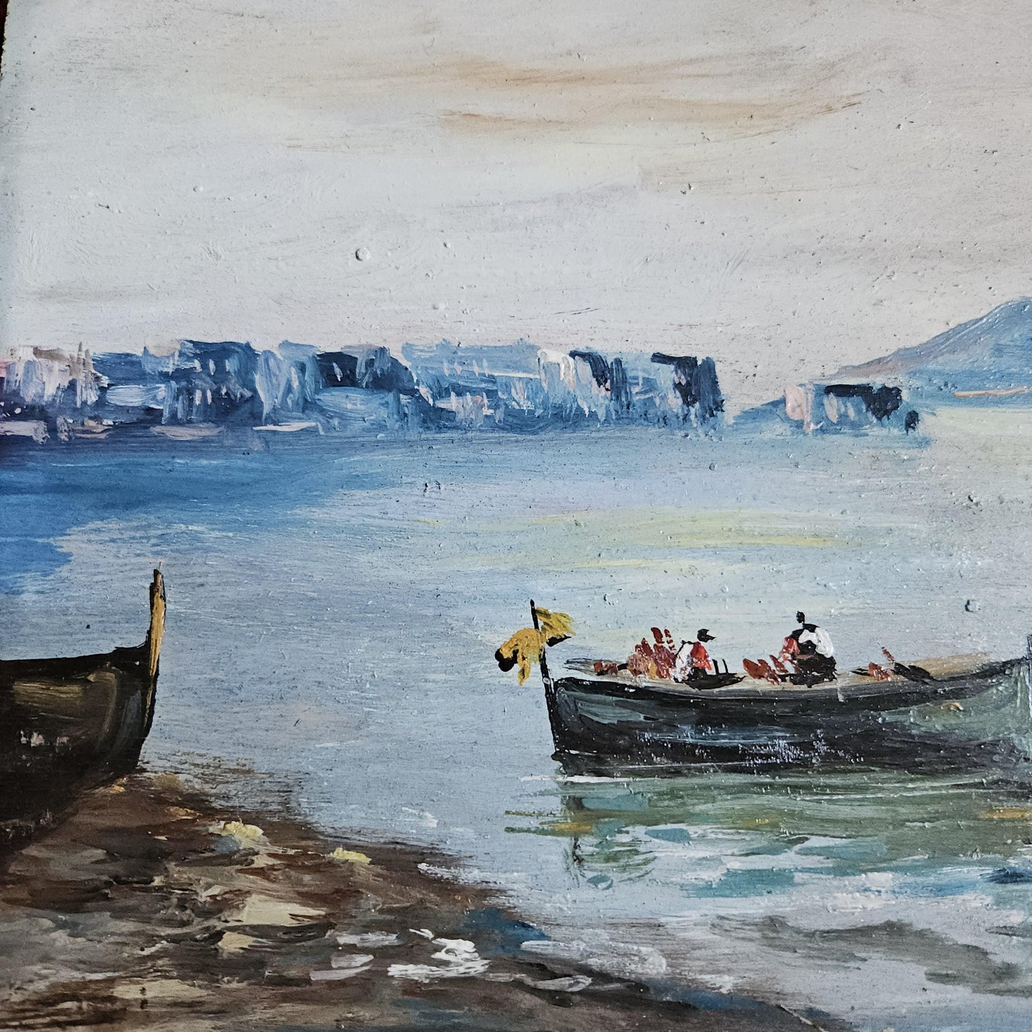 Bay of Naples Oil Painting on Board with Smoking Vesuvius, Italy c.1900