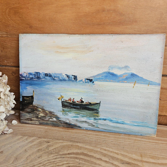 Bay of Naples Oil Painting on Board with Smoking Vesuvius, Italy c.1900