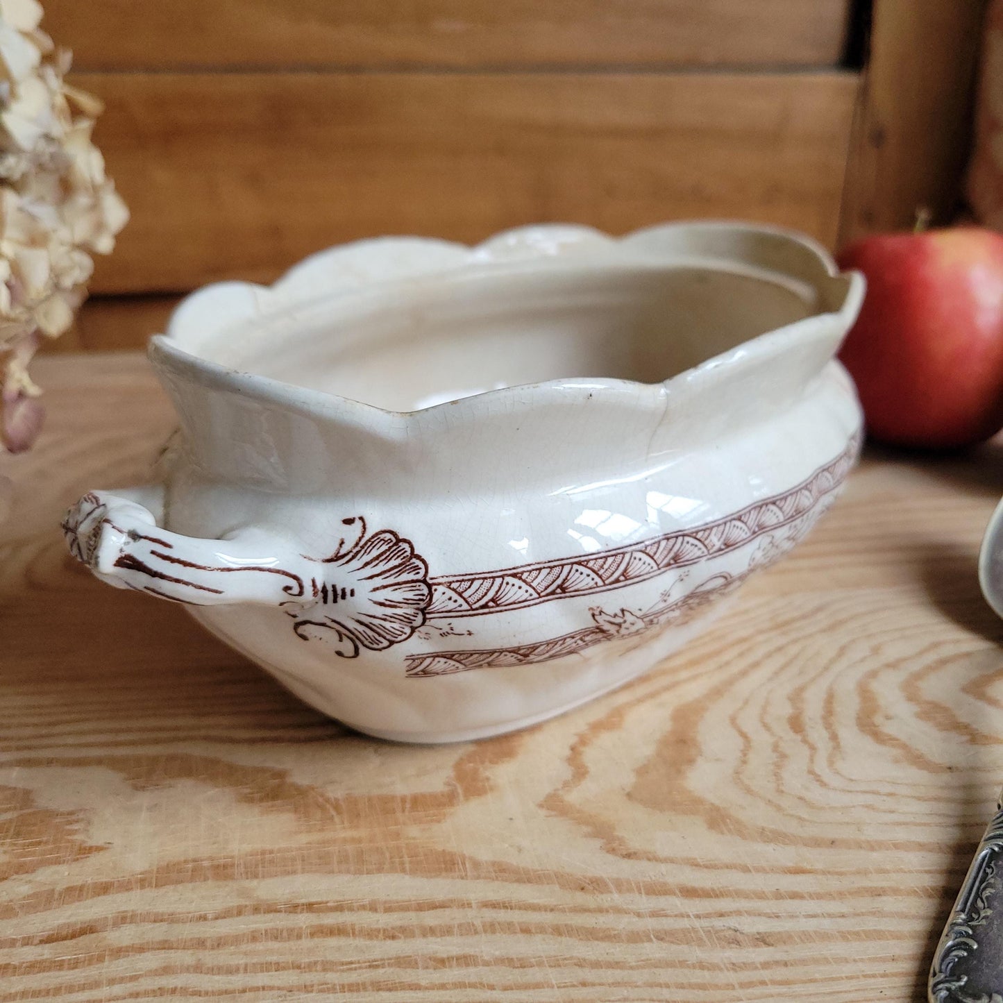 Antique Brown Transferware Lidded Saucier, French Ironstone c.1900