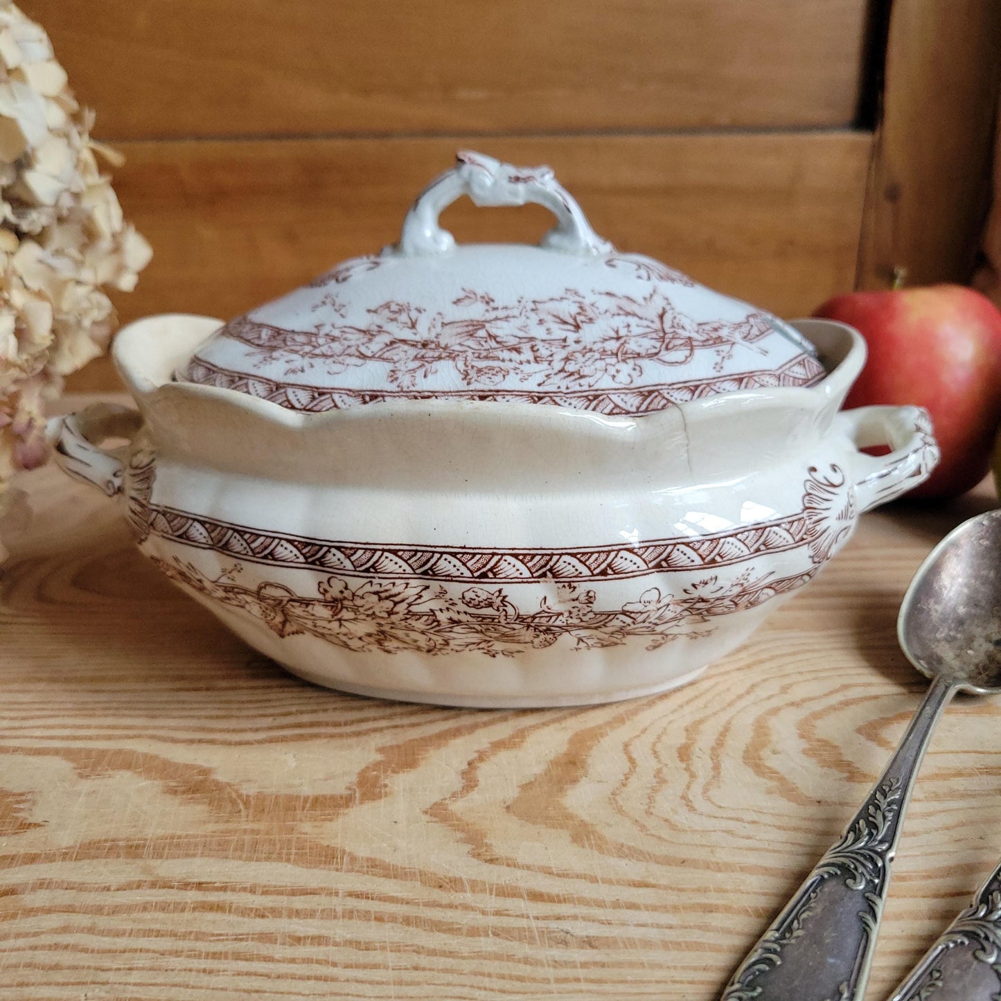 Antique Brown Transferware Lidded Saucier, French Ironstone c.1900
