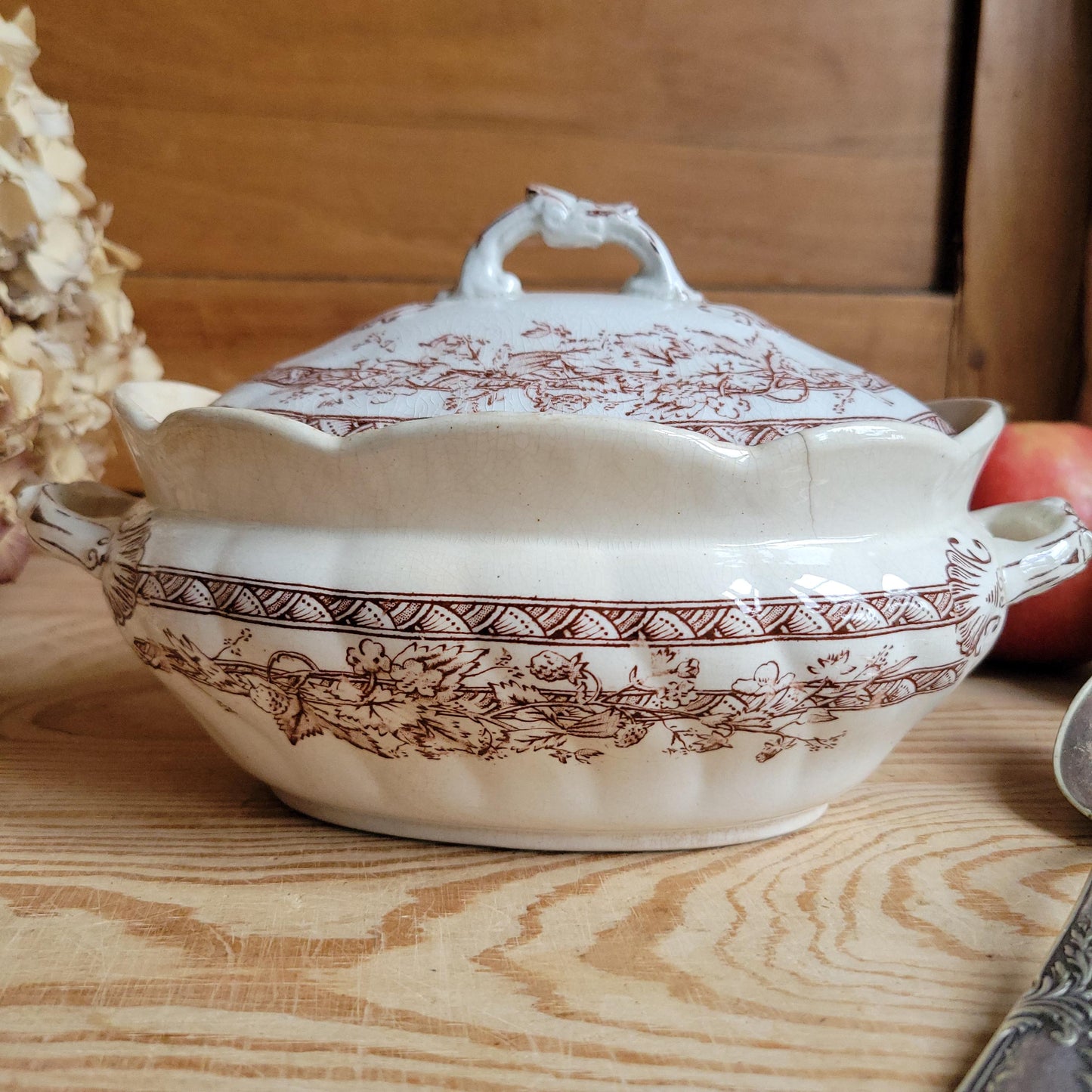 Antique Brown Transferware Lidded Saucier, French Ironstone c.1900