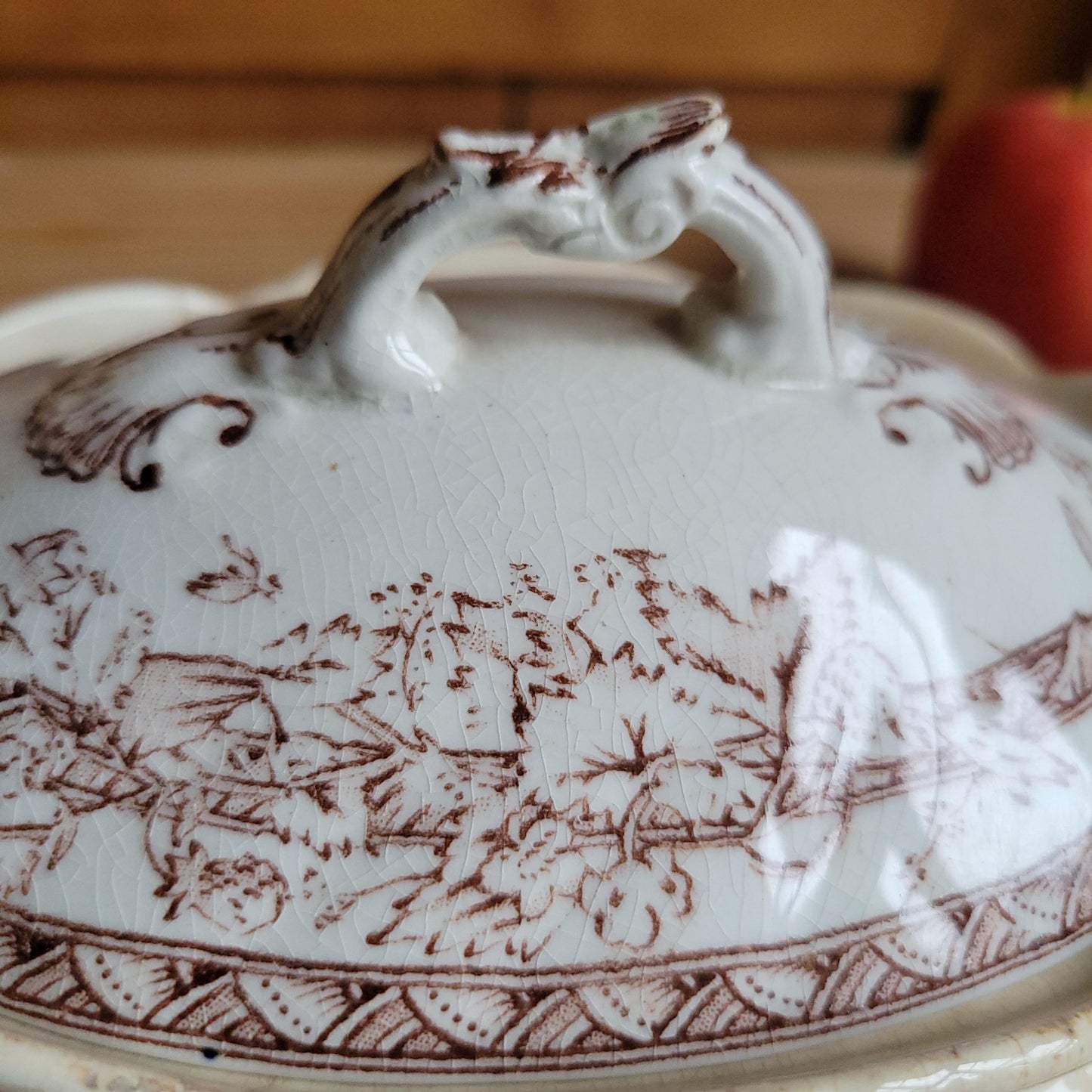 Antique Brown Transferware Lidded Saucier, French Ironstone c.1900