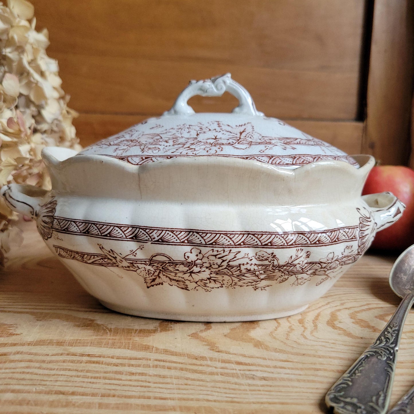 Antique Brown Transferware Lidded Saucier, French Ironstone c.1900