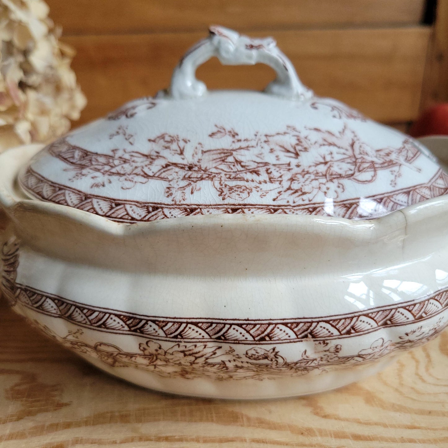 Antique Brown Transferware Lidded Saucier, French Ironstone c.1900