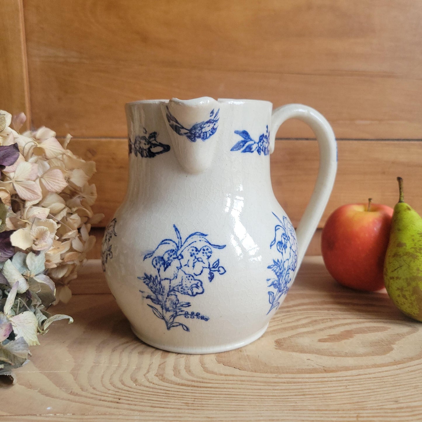 Large St Uze Milk Jug with Offset Handle and Blue Floral Decoration, France c.190