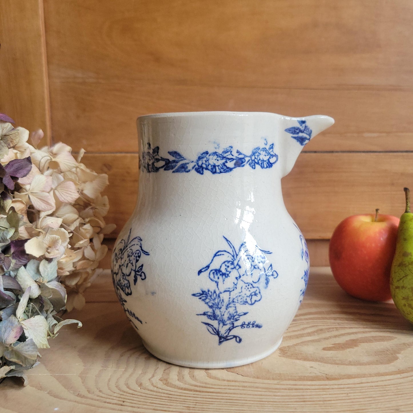 Large St Uze Milk Jug with Offset Handle and Blue Floral Decoration, France c.190