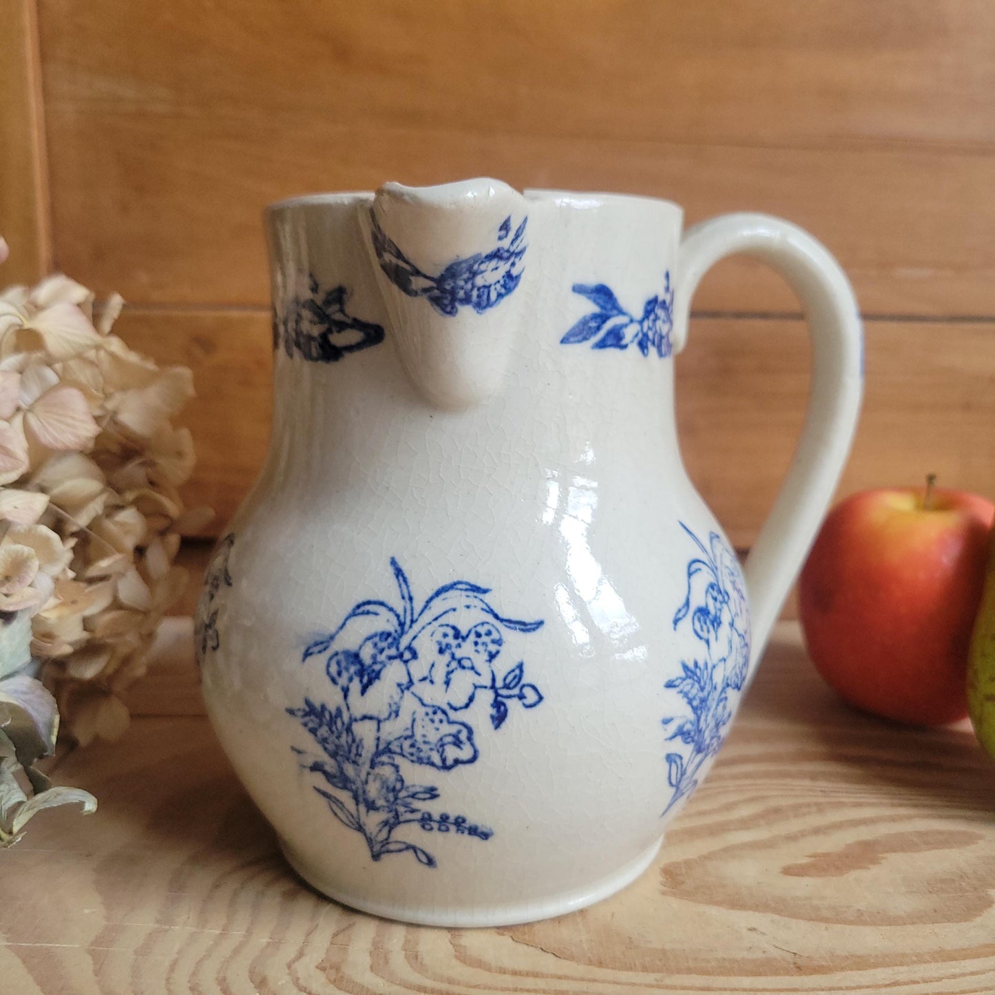 Large St Uze Milk Jug with Offset Handle and Blue Floral Decoration, France c.190