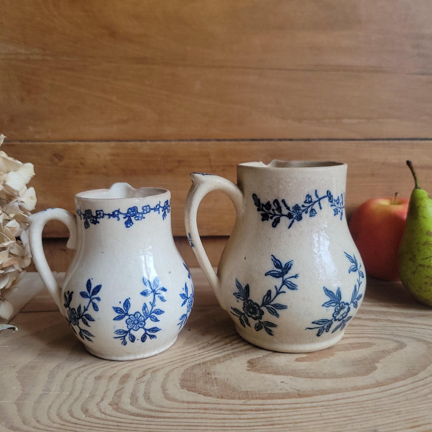 Pair of St Uze Blue and White Milk Jugs, Matching Floral Designs, France c.1910