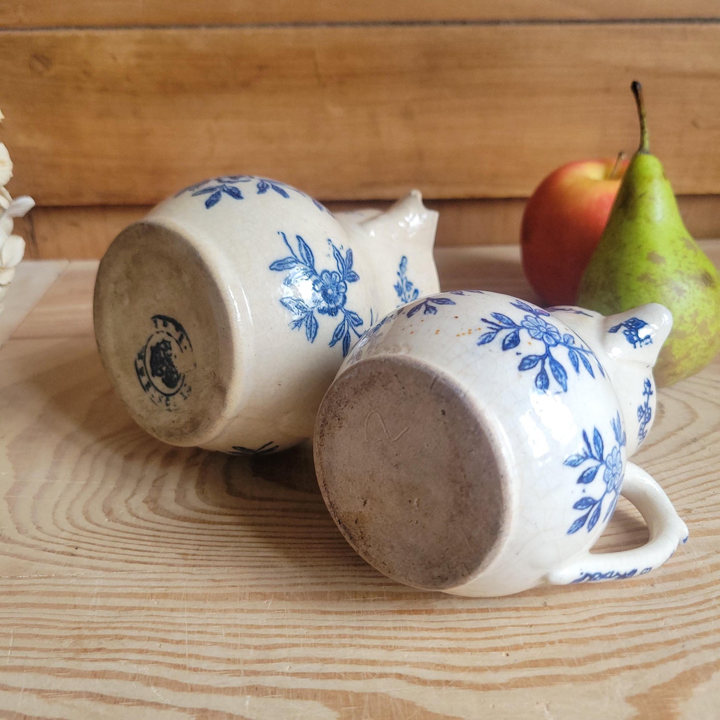 Pair of St Uze Blue and White Milk Jugs, Matching Floral Designs, France c.1910