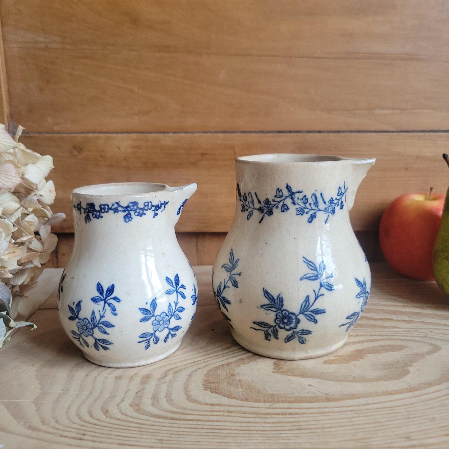 Pair of St Uze Blue and White Milk Jugs, Matching Floral Designs, France c.1910