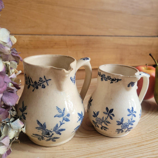 Pair of St Uze Blue and White Milk Jugs, Matching Floral Designs, France c.1910