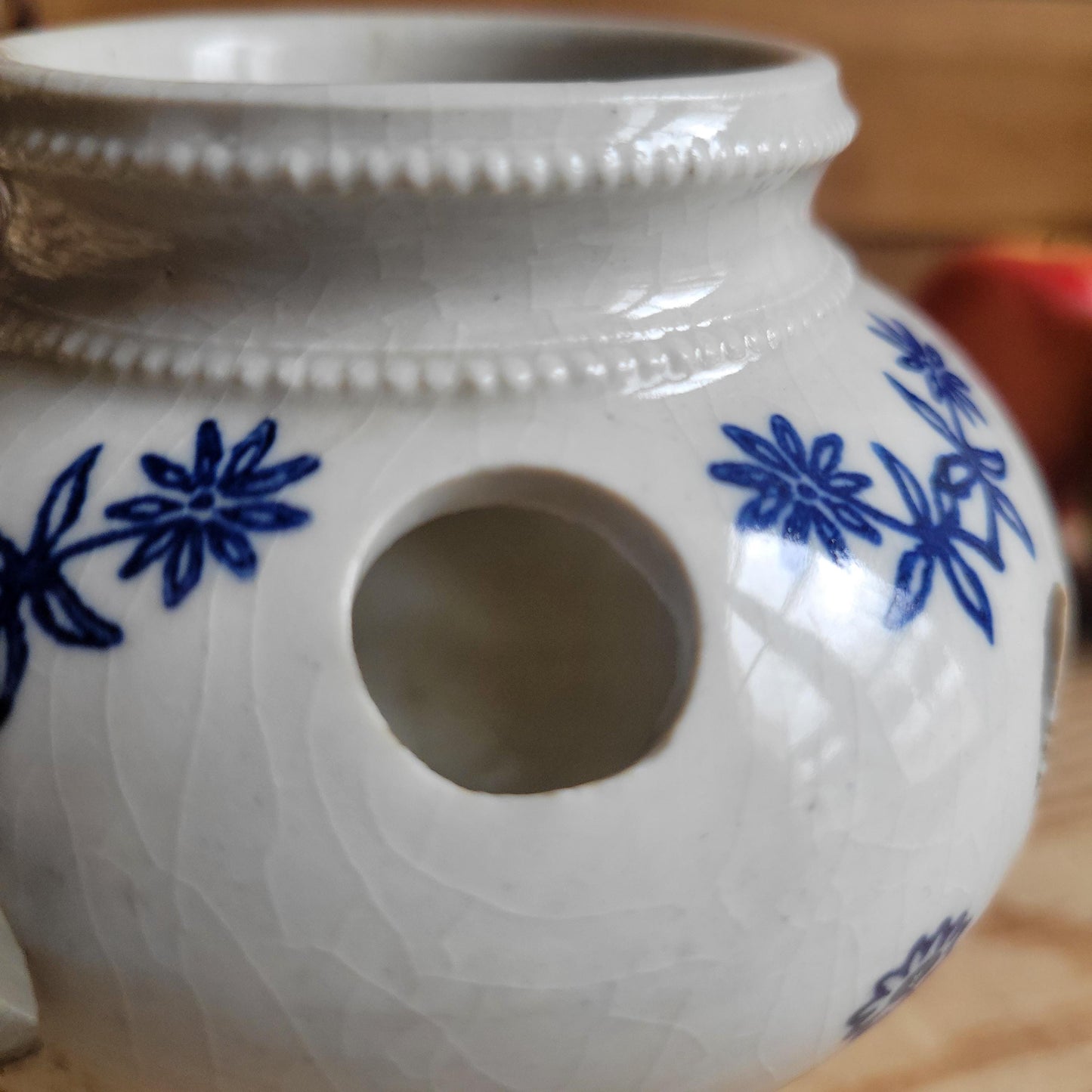 Antique stoneware St Uze blue and white floral small tulip vase St Uze France c 1900