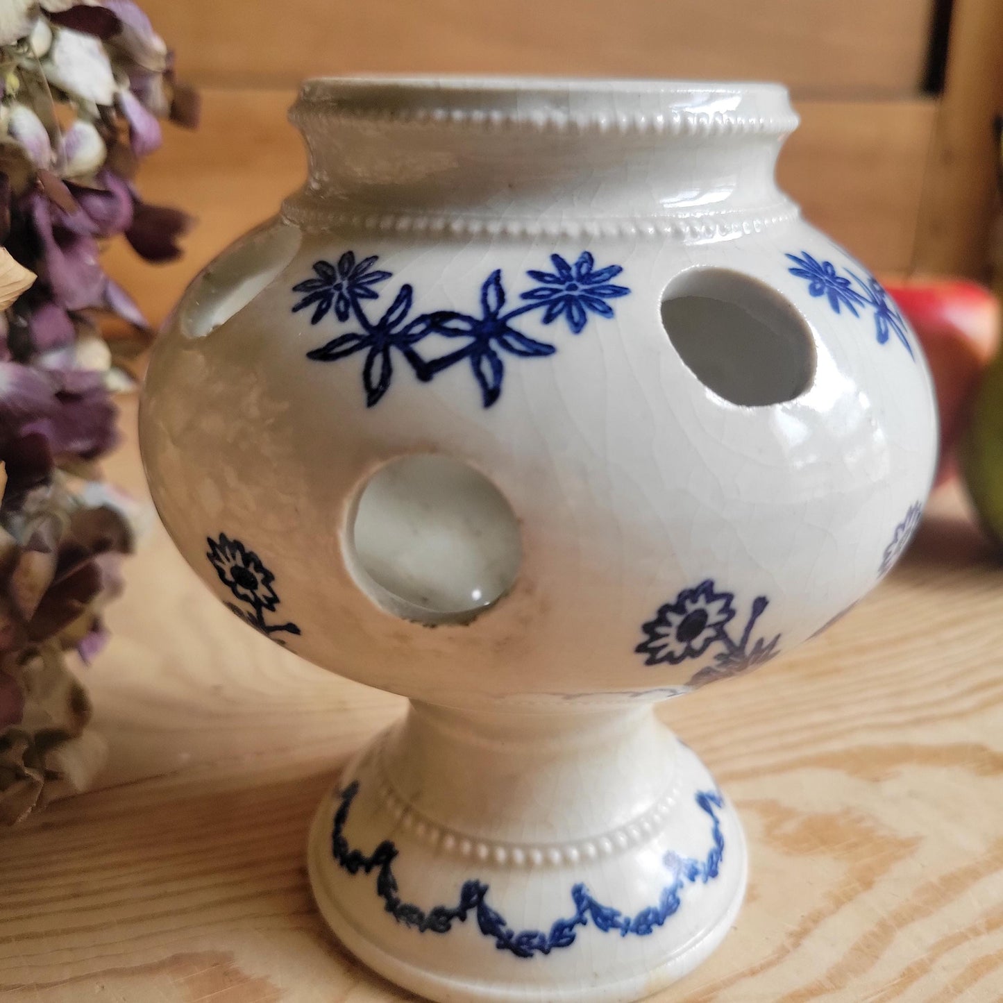 Antique stoneware St Uze blue and white floral small tulip vase St Uze France c 1900
