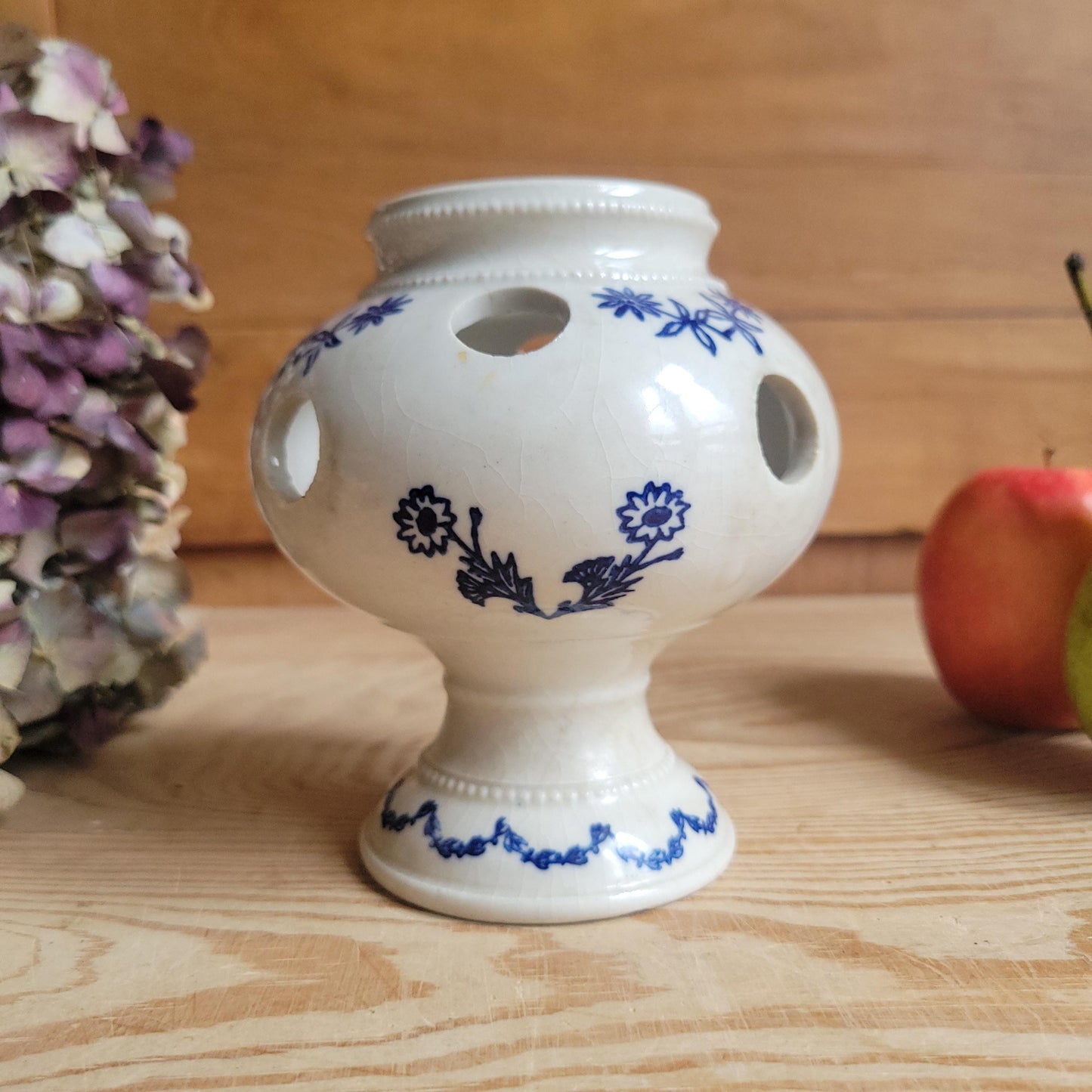 Antique stoneware St Uze blue and white floral small tulip vase St Uze France c 1900