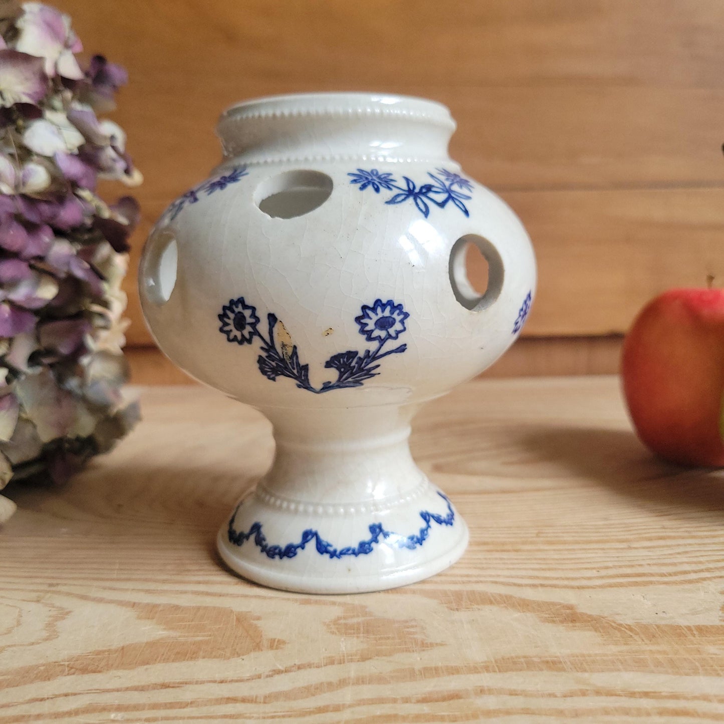 Antique stoneware St Uze blue and white floral small tulip vase St Uze France c 1900