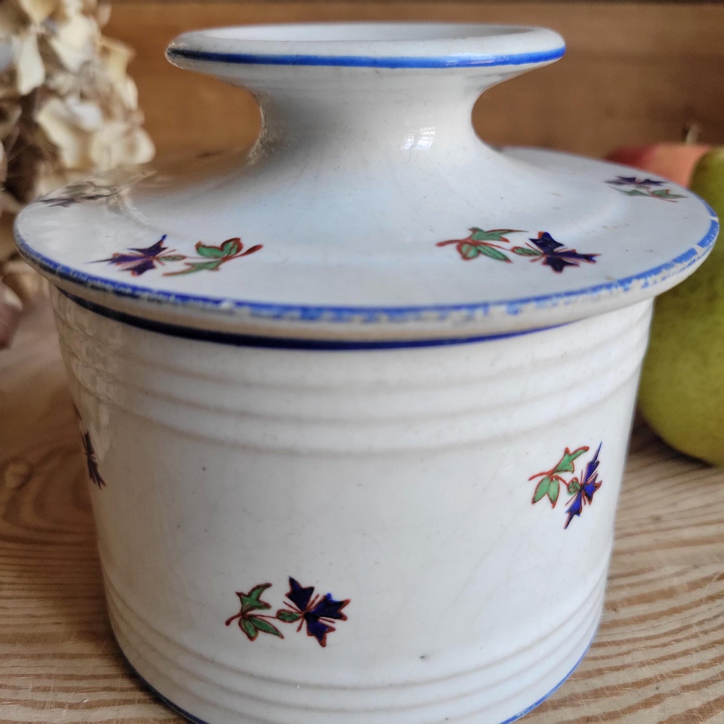 Rare St Uze Butter Keeper with Polychrome Floral Decoration, France c.1900