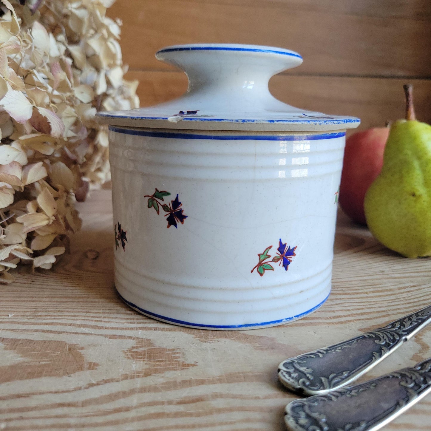 Rare St Uze Butter Keeper with Polychrome Floral Decoration, France c.1900