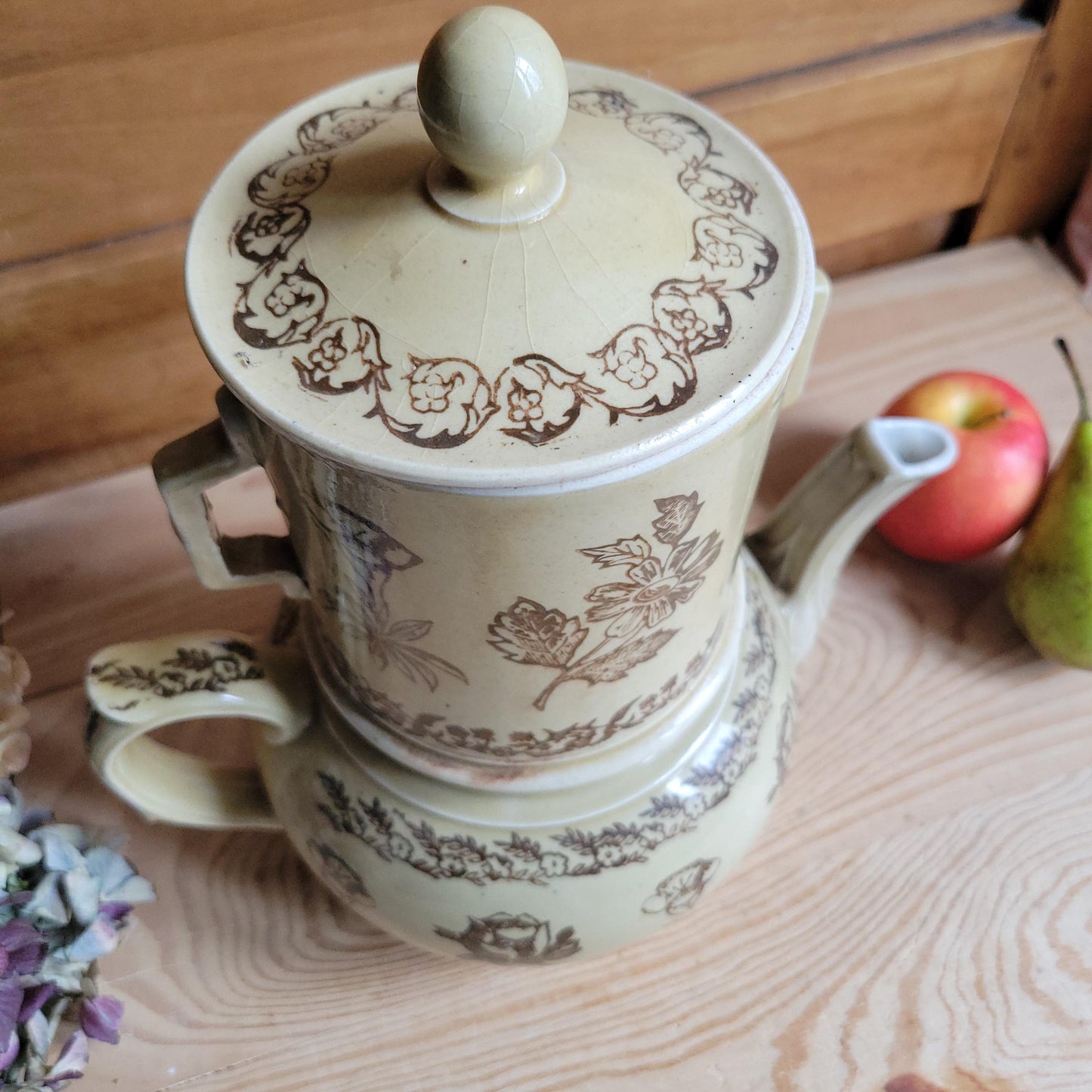 Rare Antique brown St Uze Tisane Set, Floral Stoneware, France c.1890