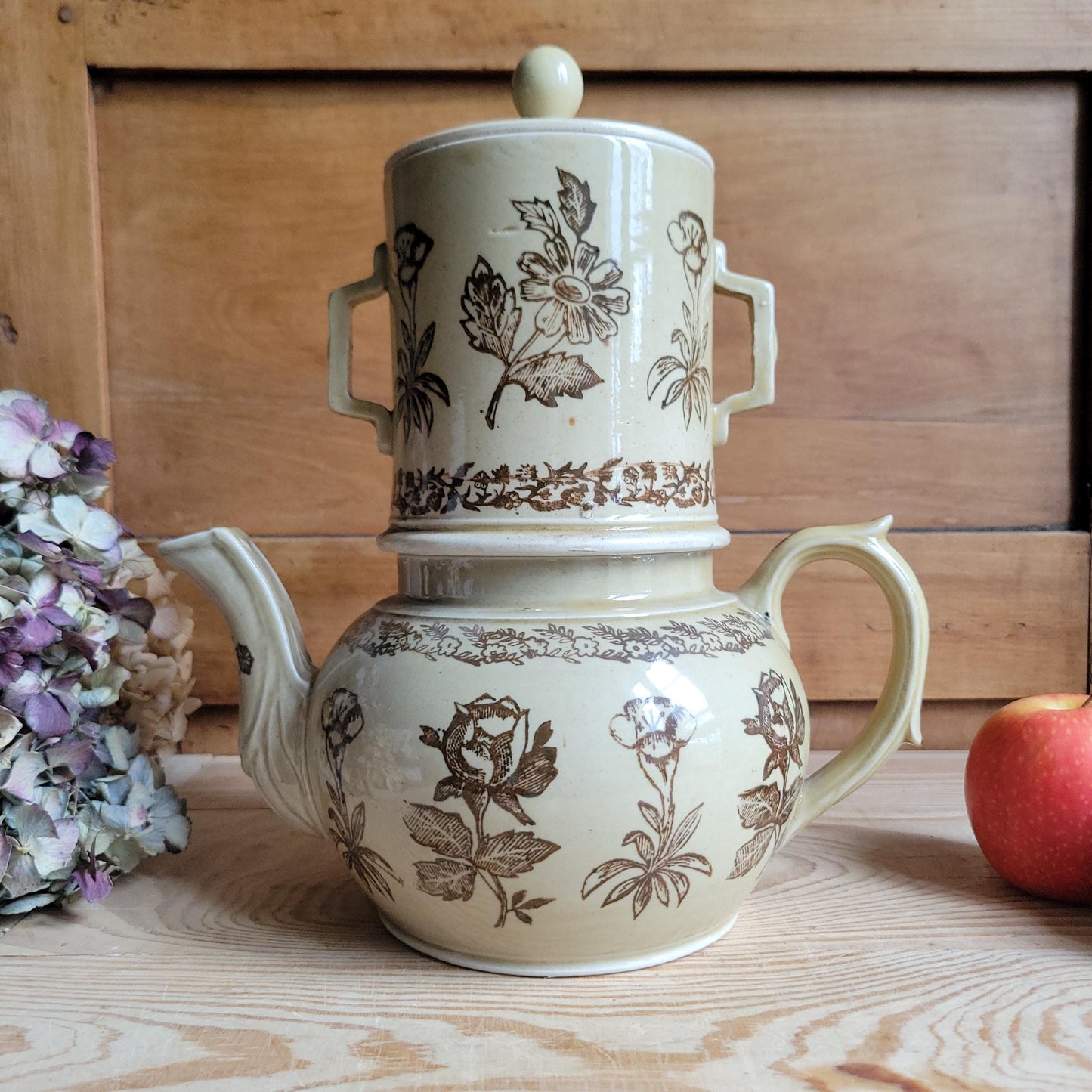 Rare Antique brown St Uze Tisane Set, Floral Stoneware, France c.1890