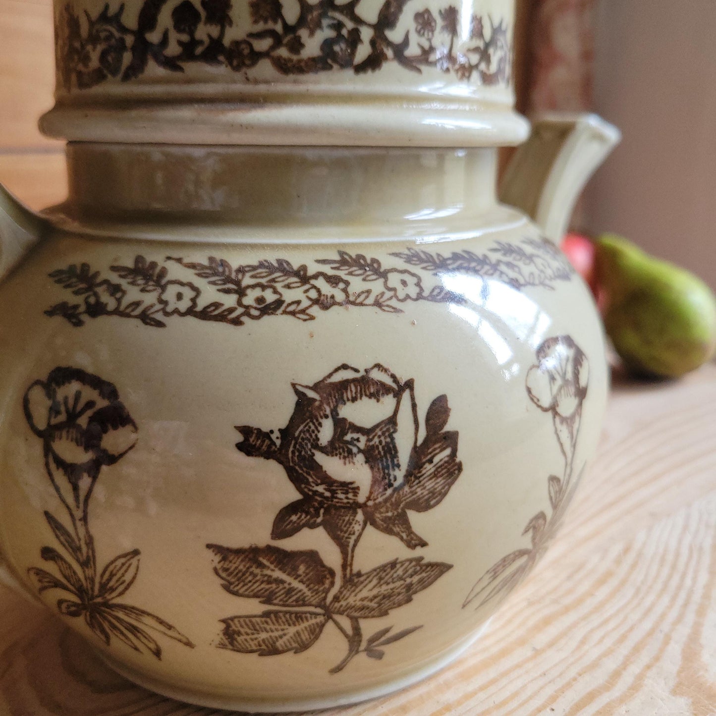 Rare Antique brown St Uze Tisane Set, Floral Stoneware, France c.1890