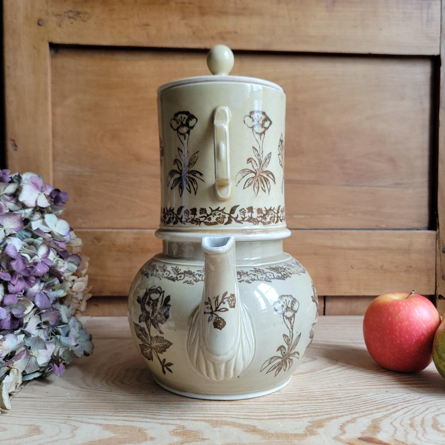 Rare Antique brown St Uze Tisane Set, Floral Stoneware, France c.1890