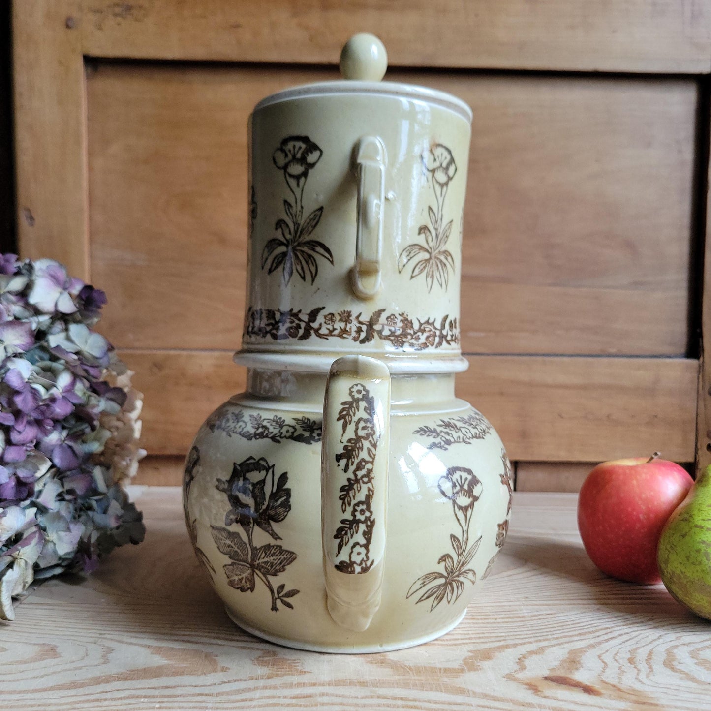 Rare Antique brown St Uze Tisane Set, Floral Stoneware, France c.1890