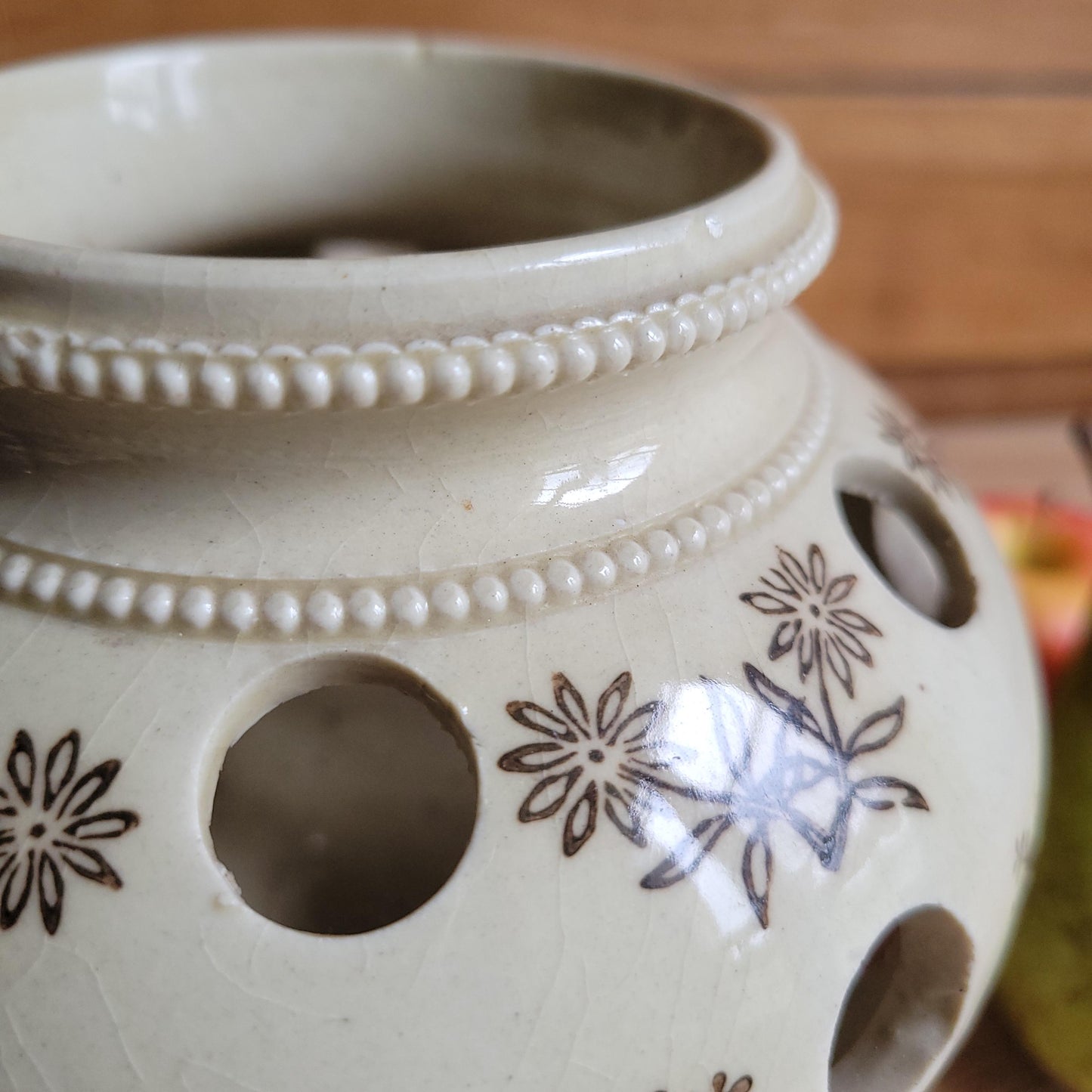 Aantique stoneware St Uze tulip holders in rare brown St Uze, block printed floral designs France c 1920