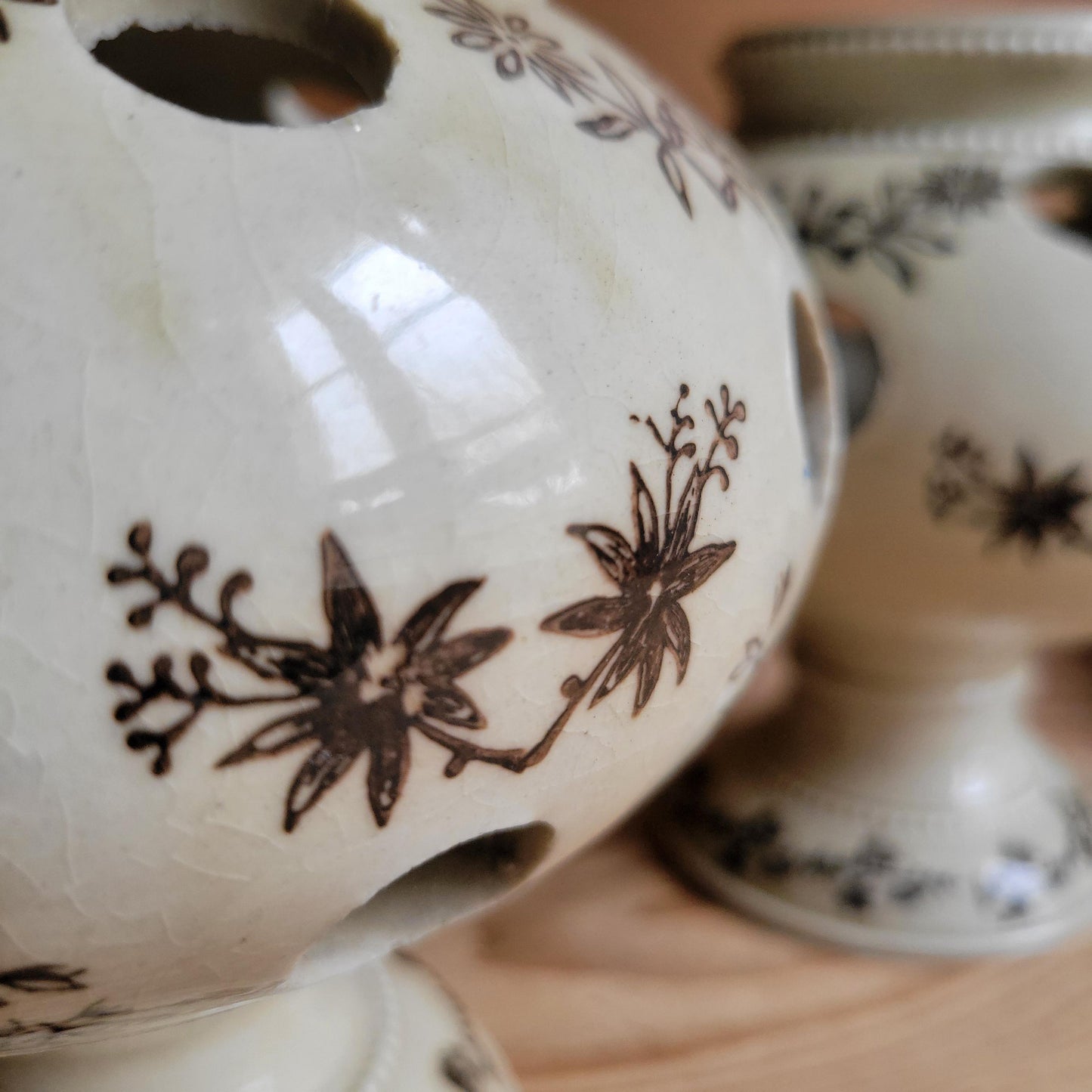Aantique stoneware St Uze tulip holders in rare brown St Uze, block printed floral designs France c 1920