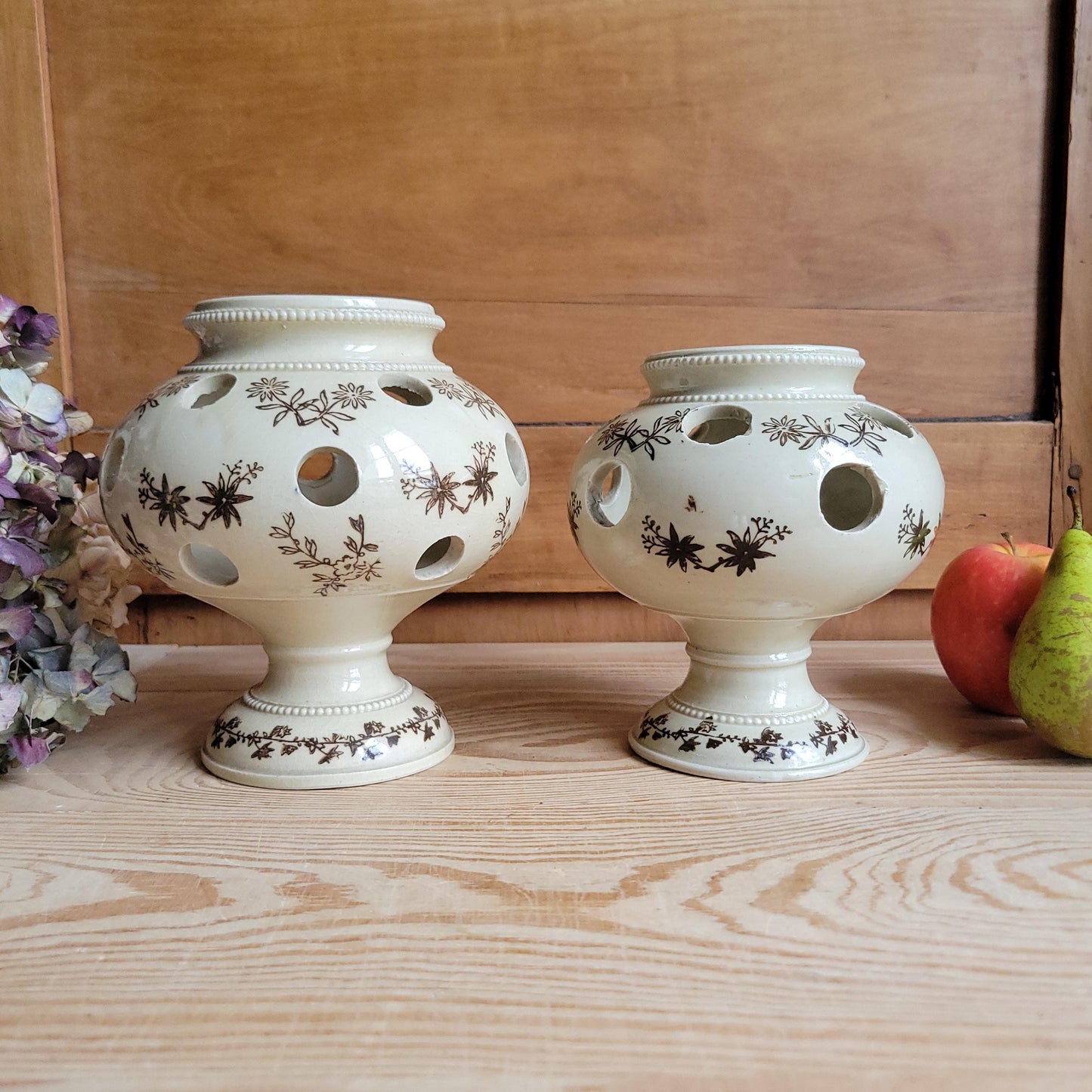 Aantique stoneware St Uze tulip holders in rare brown St Uze, block printed floral designs France c 1920