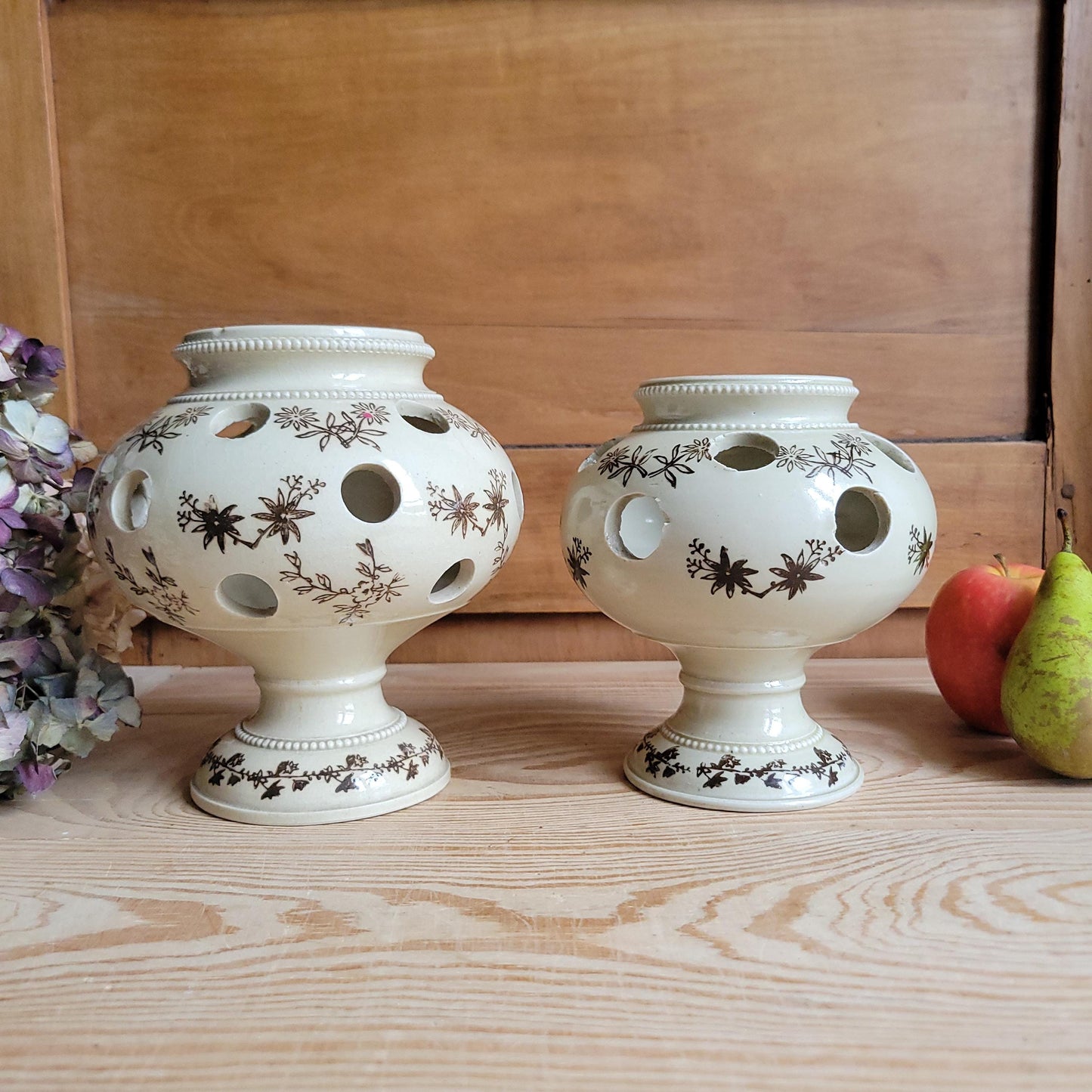 Aantique stoneware St Uze tulip holders in rare brown St Uze, block printed floral designs France c 1920