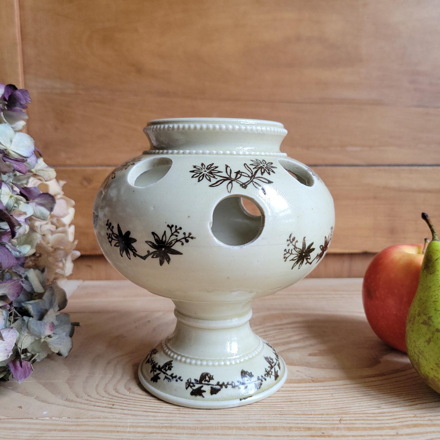 Aantique stoneware St Uze tulip holders in rare brown St Uze, block printed floral designs France c 1920