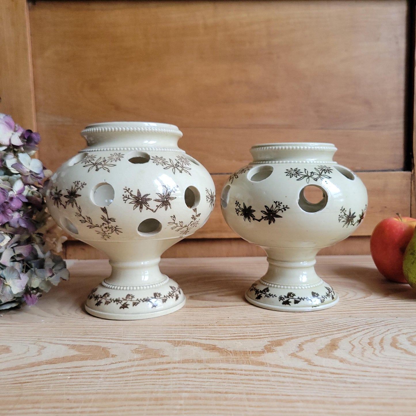 Aantique stoneware St Uze tulip holders in rare brown St Uze, block printed floral designs France c 1920