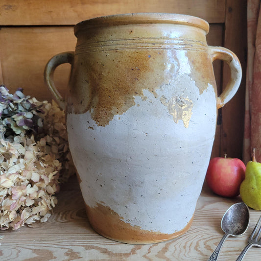 Antique French Confit Pot-two handled stoneware, pale brown part glaze and ecru ground early 1900s