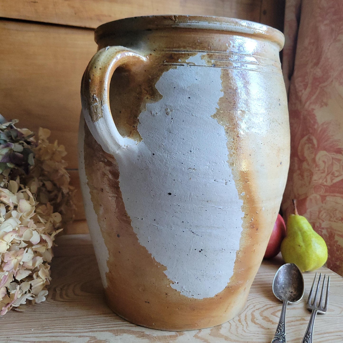 Antique French Confit Pot-two handled stoneware, pale brown part glaze and ecru ground early 1900s