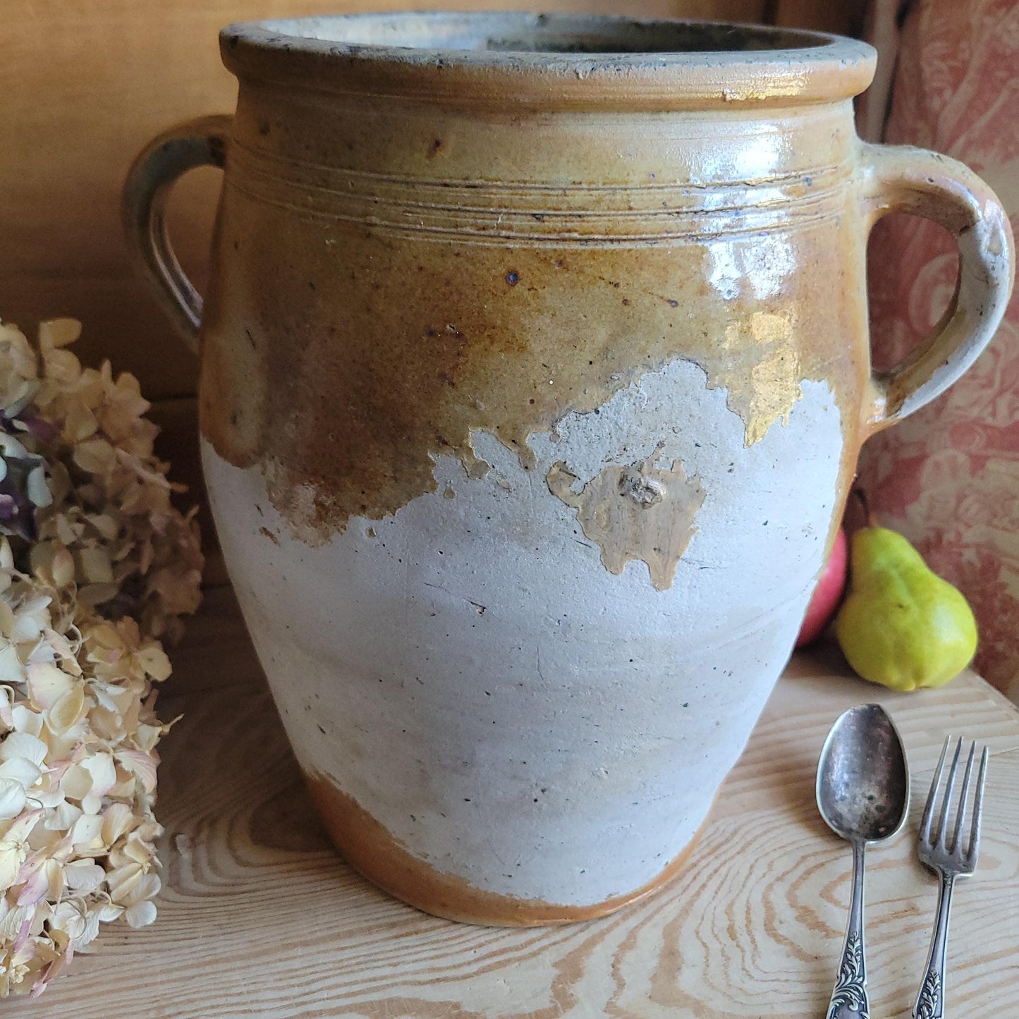 Antique French Confit Pot-two handled stoneware, pale brown part glaze and ecru ground early 1900s