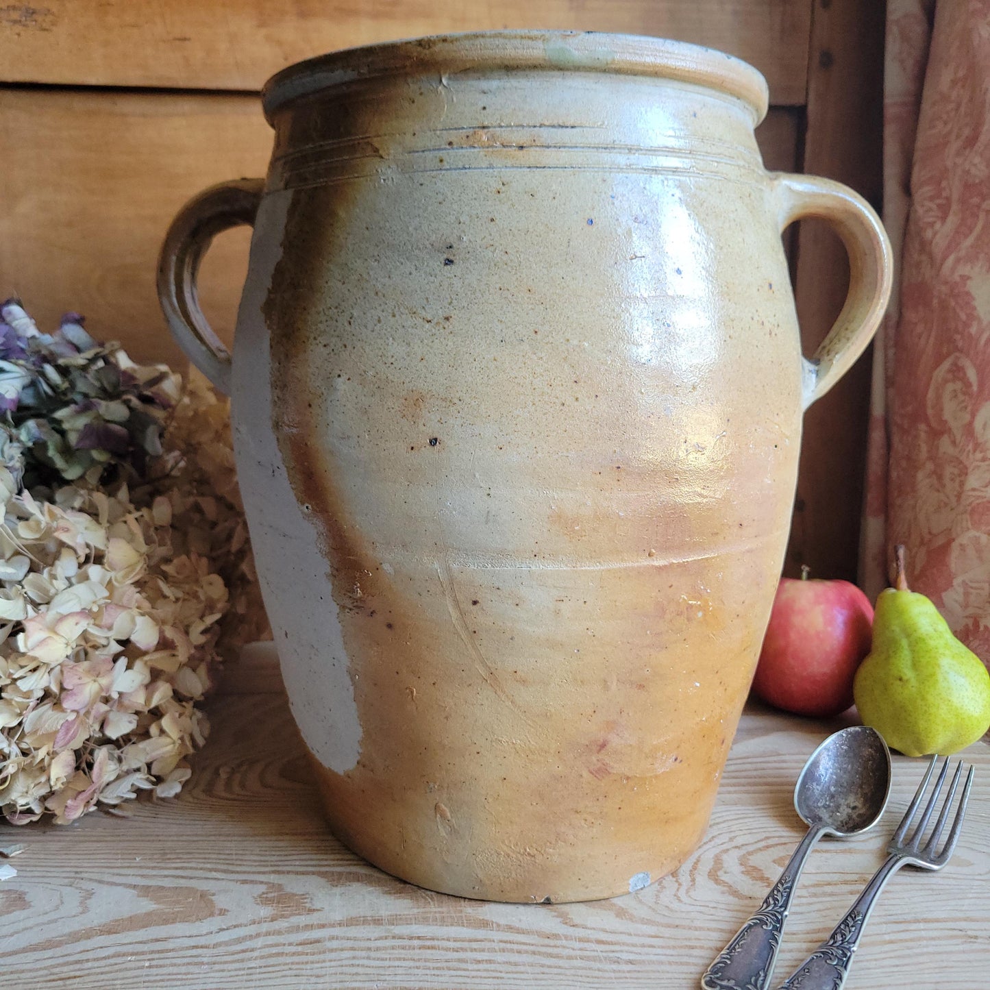 Antique French Confit Pot-two handled stoneware, pale brown part glaze and ecru ground early 1900s