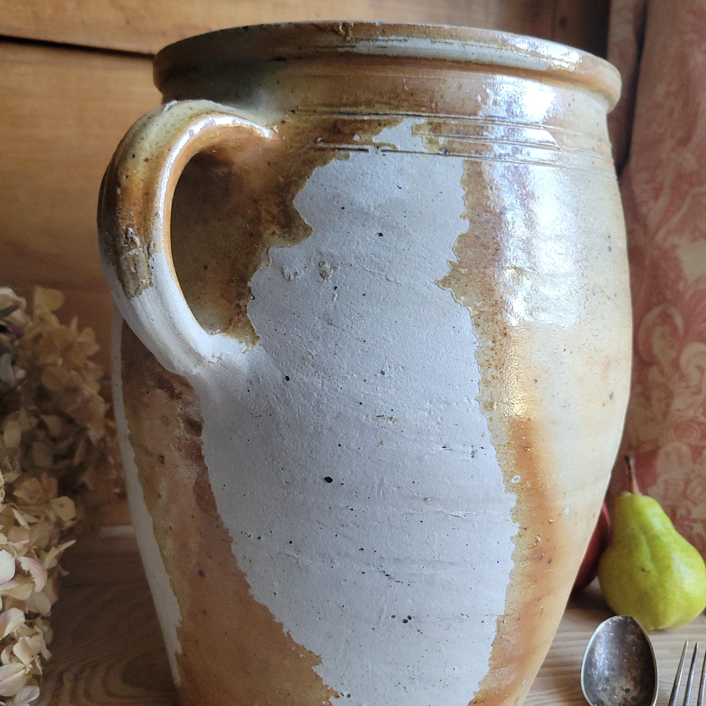 Antique French Confit Pot-two handled stoneware, pale brown part glaze and ecru ground early 1900s