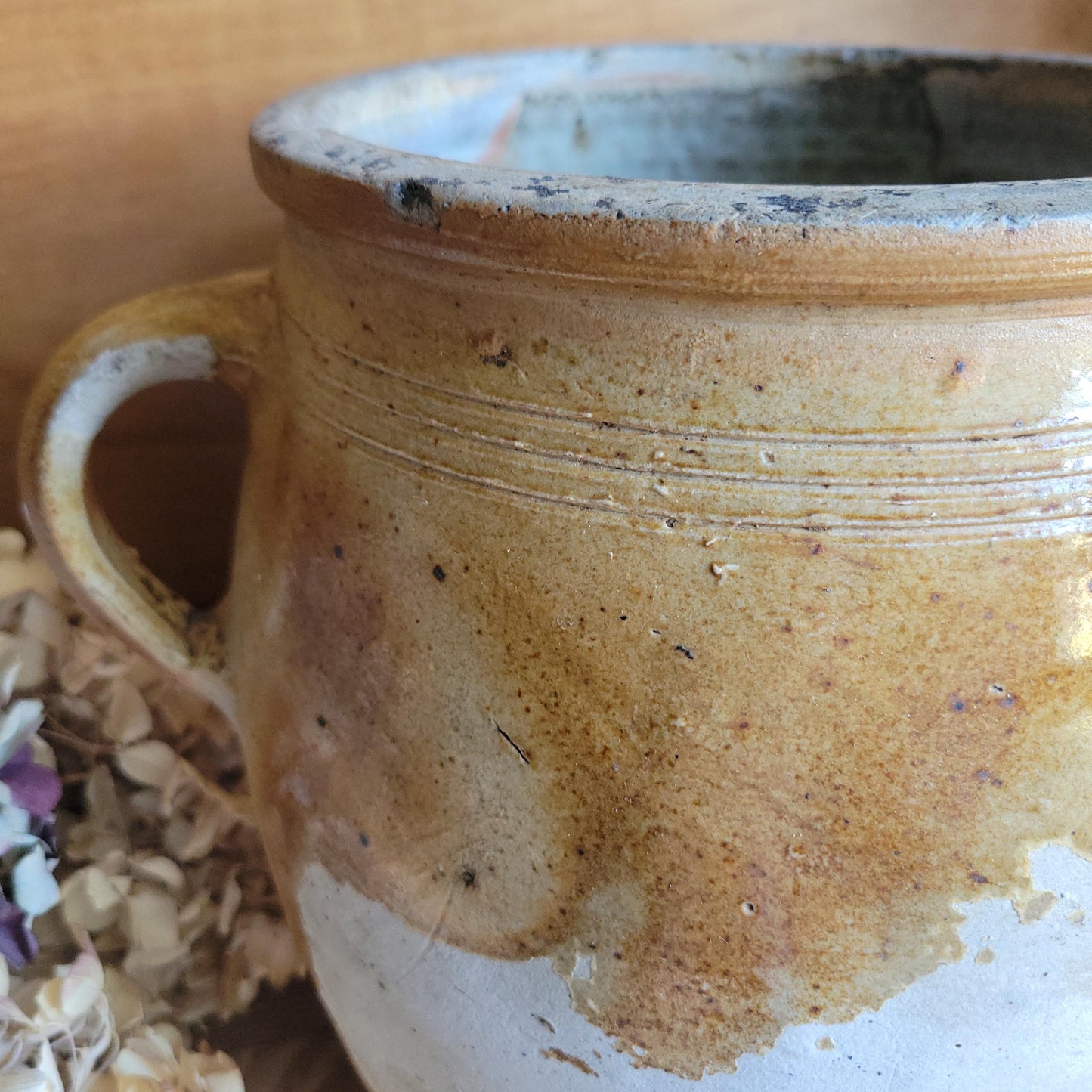 Antique French Confit Pot-two handled stoneware, pale brown part glaze and ecru ground early 1900s