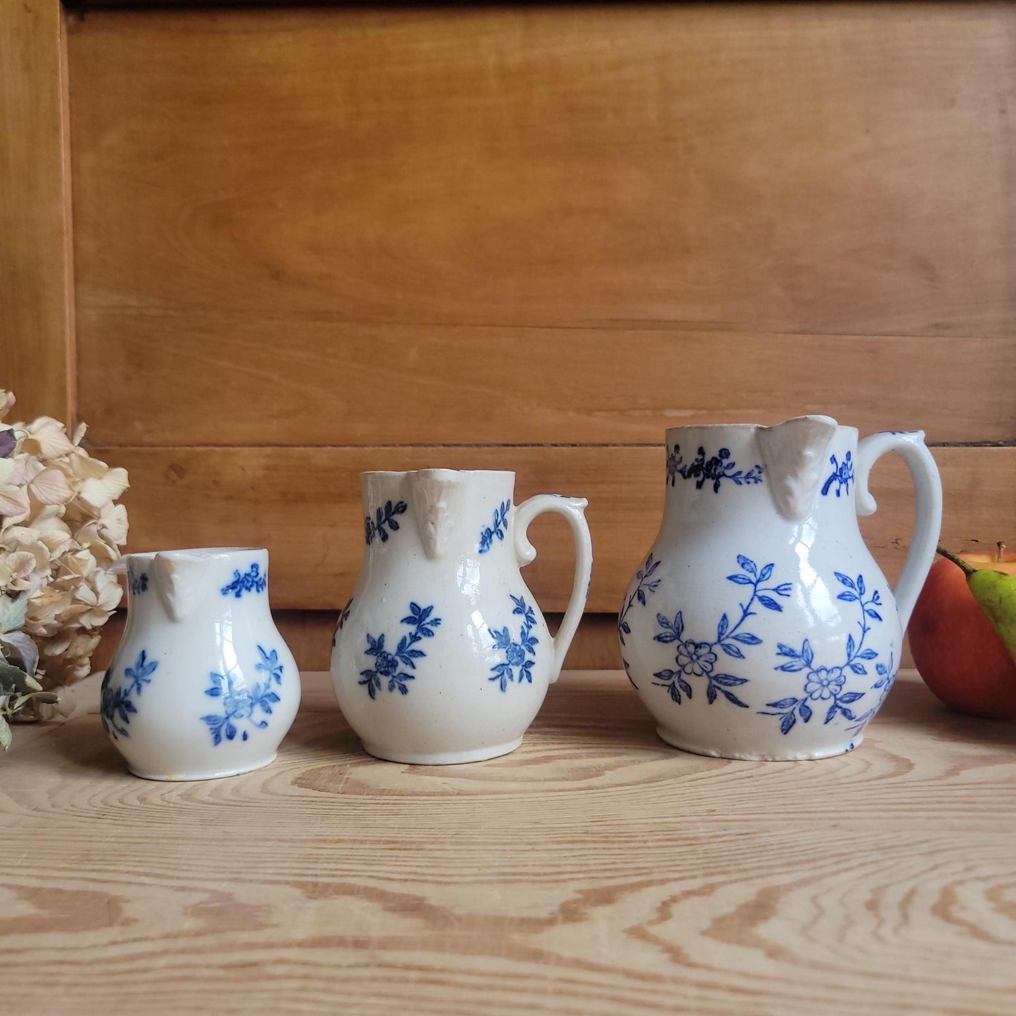 Set of 3 Matching Antique St Uze Pitchers, Blue Floral Decoration, France c.1910