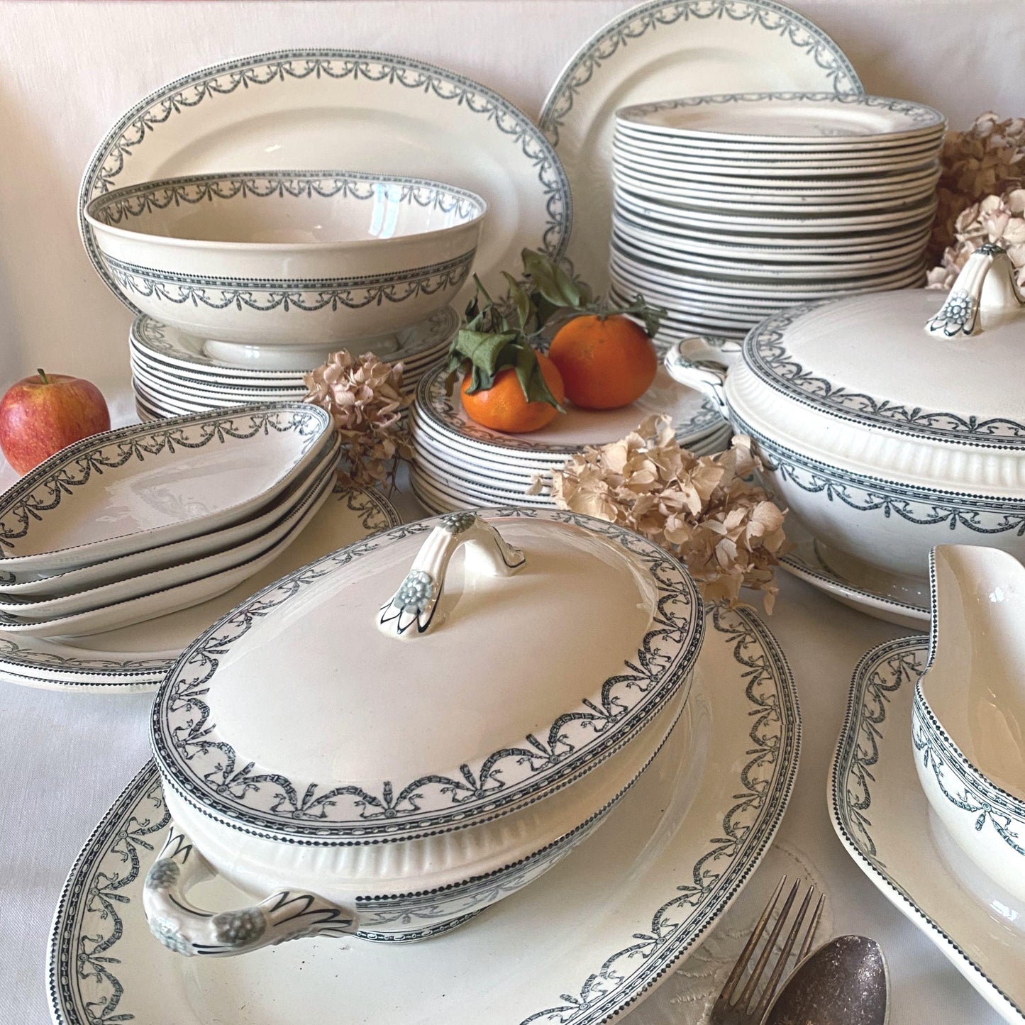 Antique Dinner Service, Salins France 24/12-Place Dinner Service, 'Guirlandes Louis XVI' Pattern, 50pc Green Transferware