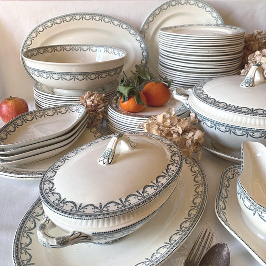 Antique Dinner Service, Salins France 24/12-Place Dinner Service, 'Guirlandes Louis XVI' Pattern, 50pc Green Transferware