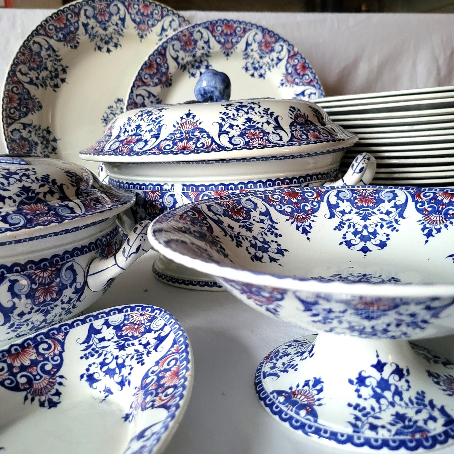 Vintage Gien Dinner Service, 62 pc Blue Red Transferware, France